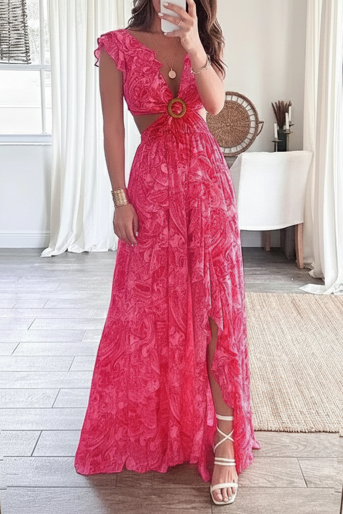 Women's Printed V-Neck Flutter Sleeve Maxi Dress with Side Cut-Outs and Ring Waist