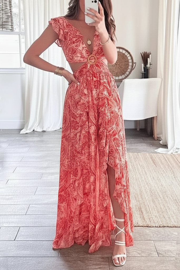 Women's Printed V-Neck Flutter Sleeve Maxi Dress with Side Cut-Outs and Ring Waist