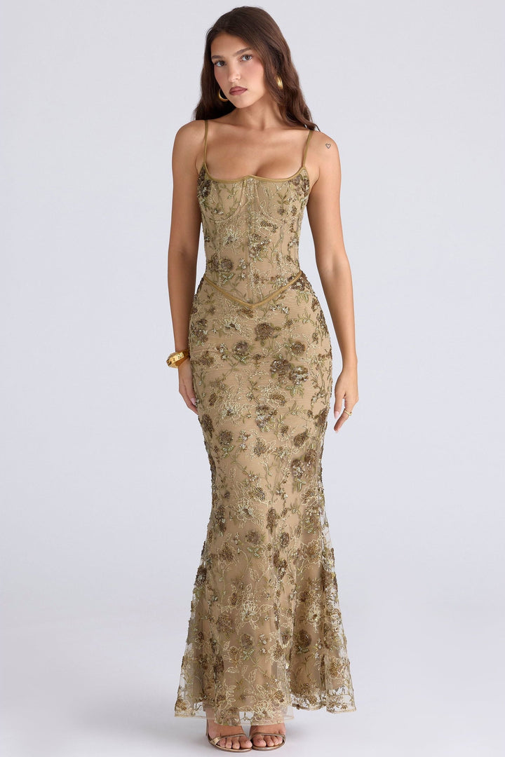 Women's Raised Floral Spaghetti Strap Maxi Dress with Straight Neckline and Seamed Bodice
