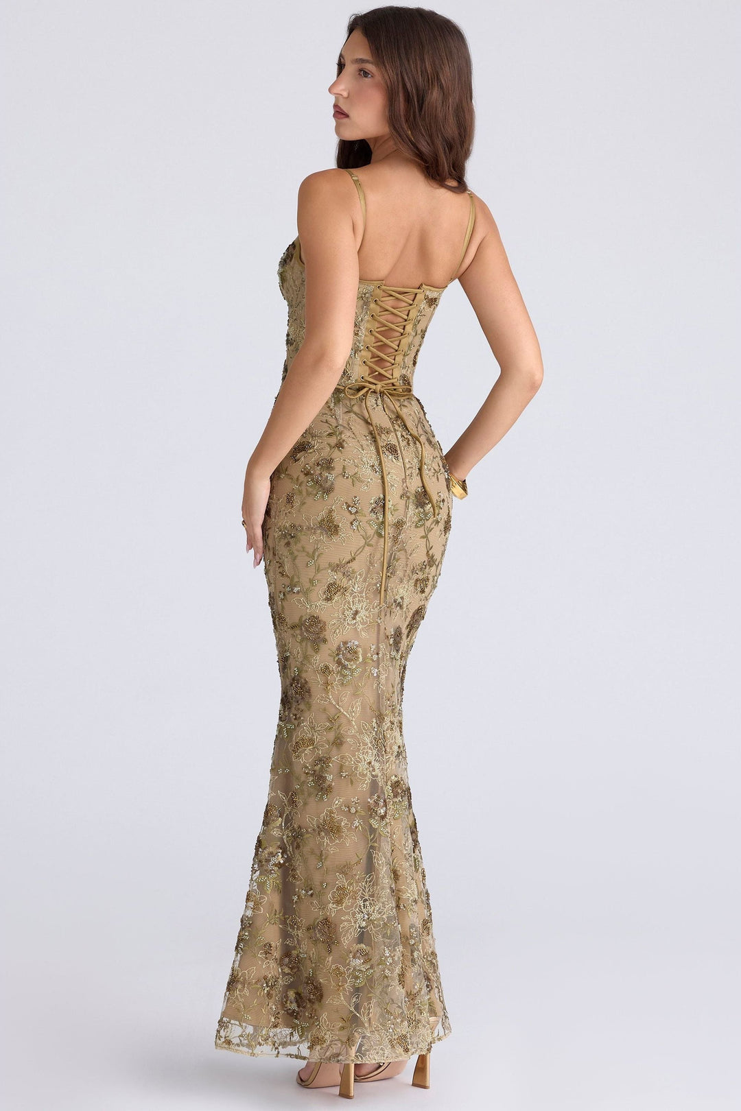 Women's Raised Floral Spaghetti Strap Maxi Dress with Straight Neckline and Seamed Bodice