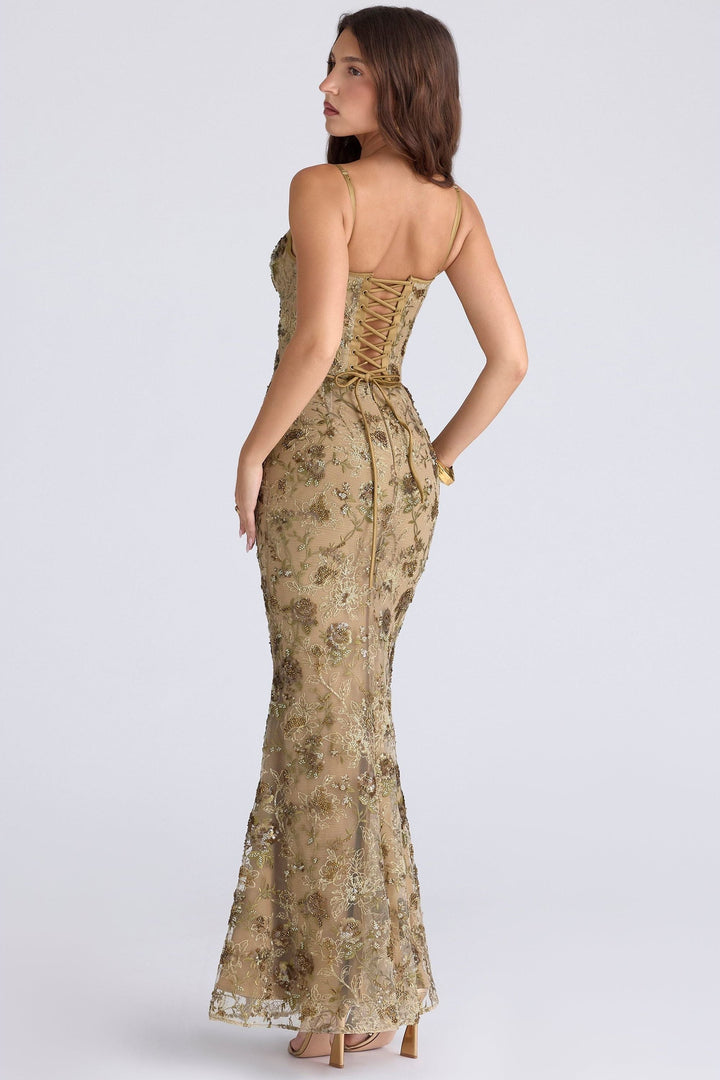 Women's Raised Floral Spaghetti Strap Maxi Dress with Straight Neckline and Seamed Bodice