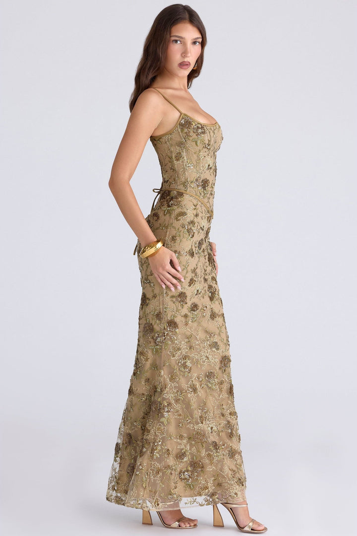 Women's Raised Floral Spaghetti Strap Maxi Dress with Straight Neckline and Seamed Bodice