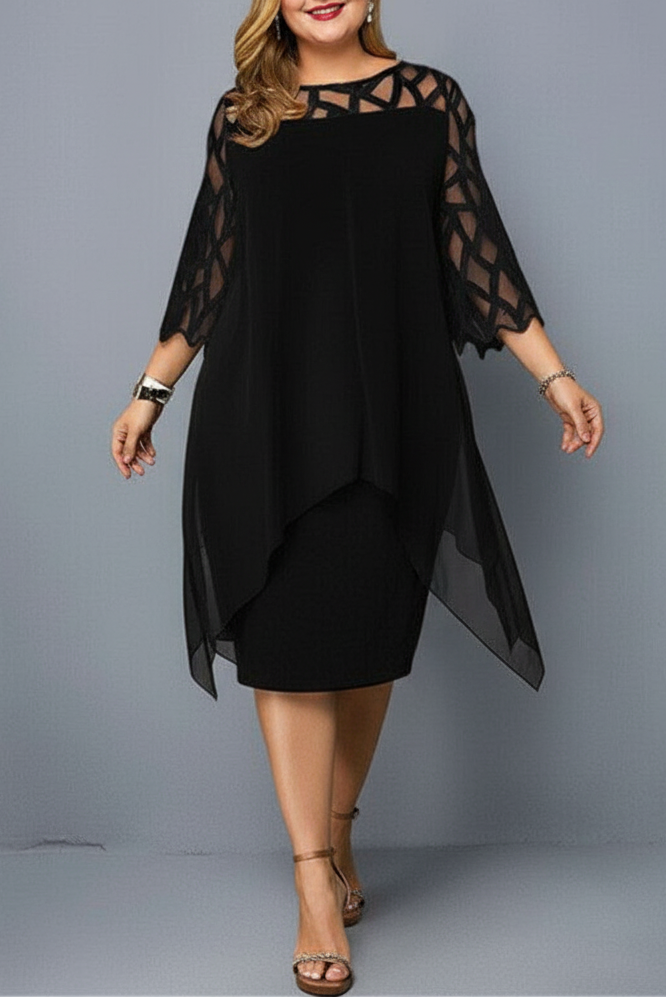 Women's Round Neck Three-Quarter Sleeve Midi Dress with Geometric Cutwork and Layered Overlay