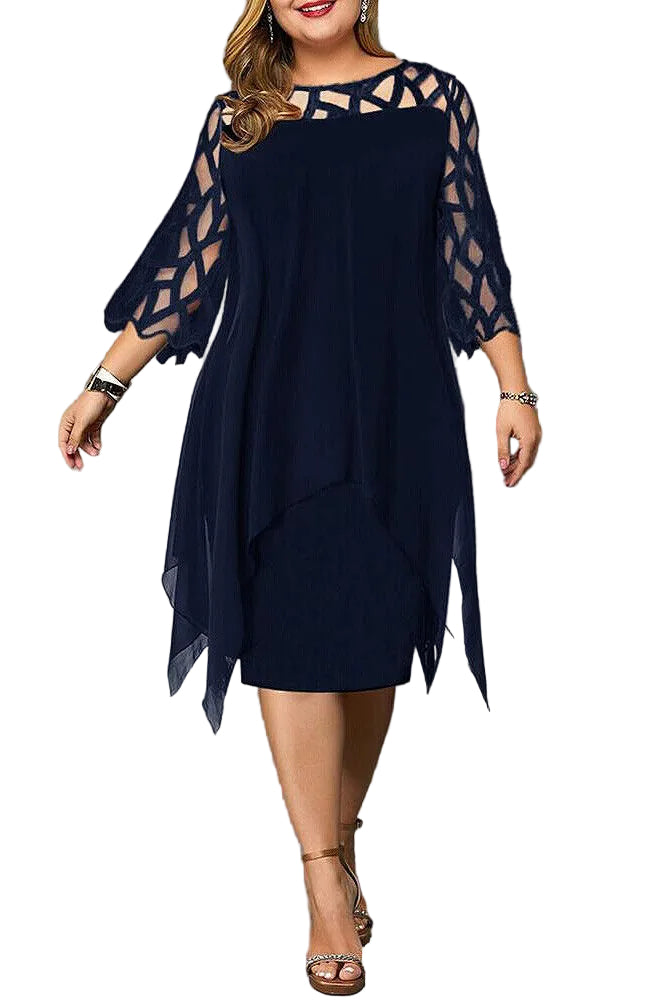 Women's Round Neck Three-Quarter Sleeve Midi Dress with Geometric Cutwork and Layered Overlay