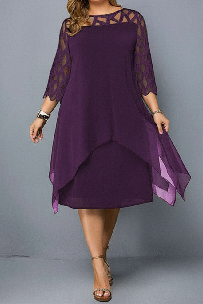 Women's Round Neck Three-Quarter Sleeve Midi Dress with Geometric Cutwork and Layered Overlay