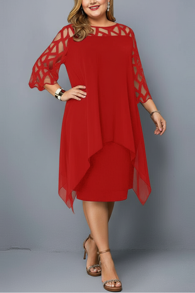 Women's Round Neck Three-Quarter Sleeve Midi Dress with Geometric Cutwork and Layered Overlay