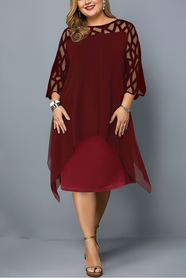 Women's Round Neck Three-Quarter Sleeve Midi Dress with Geometric Cutwork and Layered Overlay
