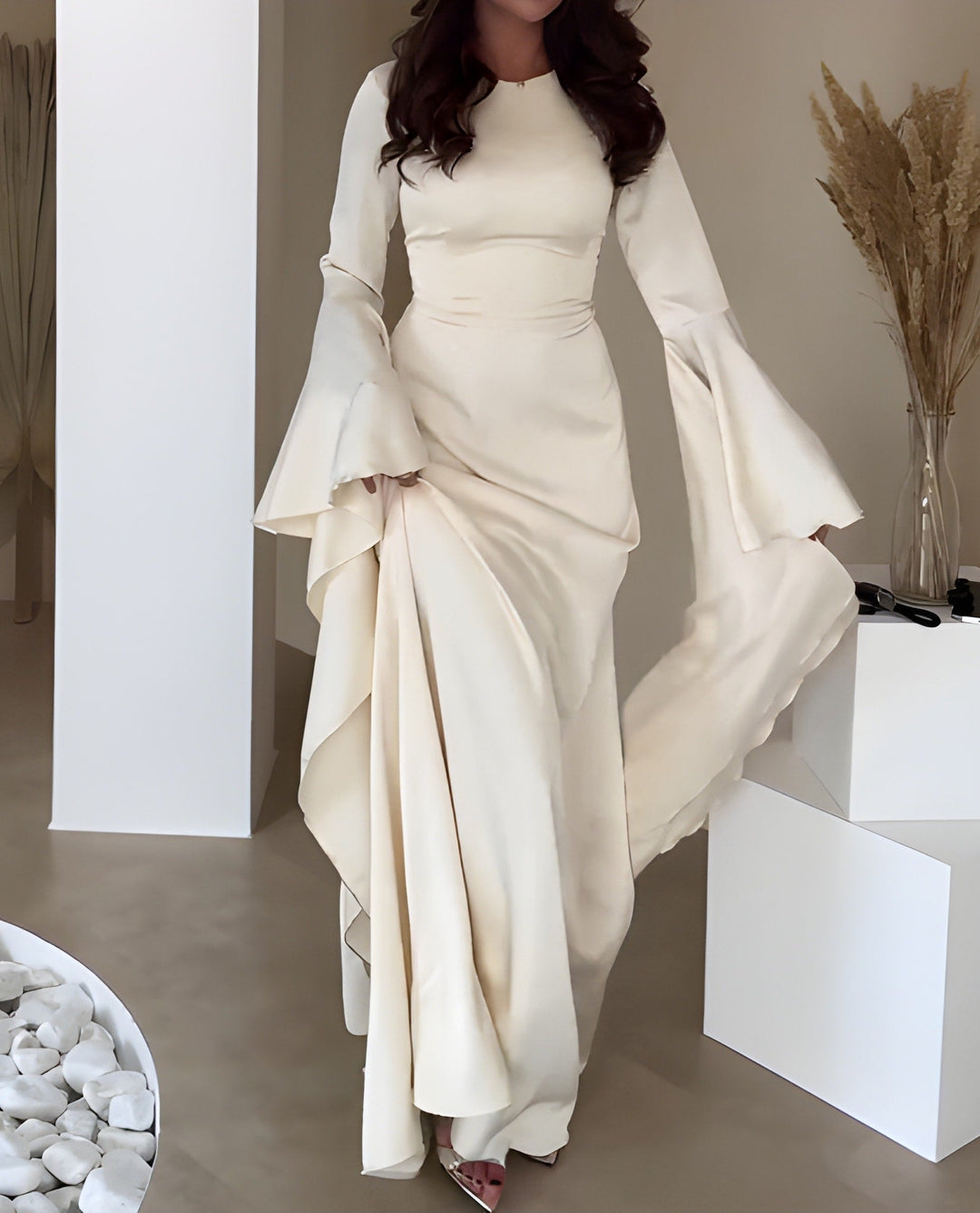Women's Round Neckline Maxi Dress with Long Flared Sleeves and Glossy Surface