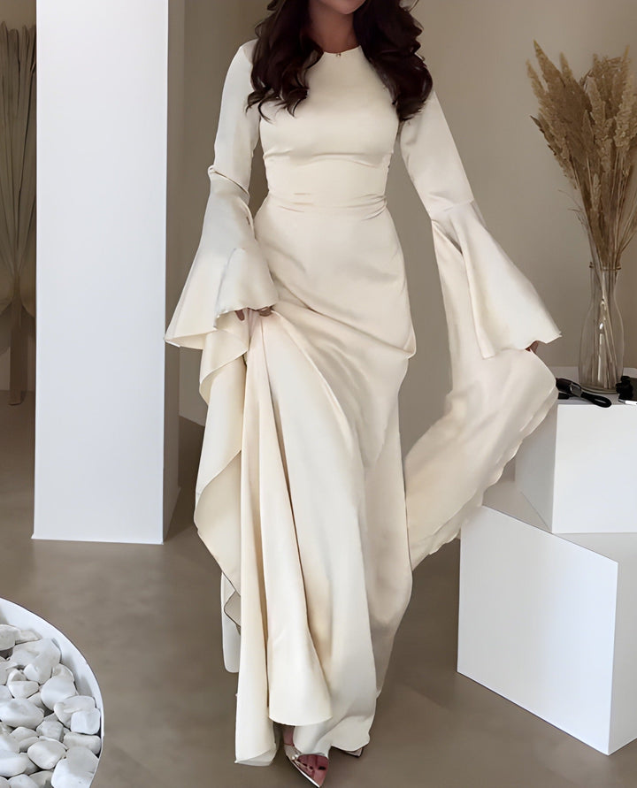 Women's Round Neckline Maxi Dress with Long Flared Sleeves and Glossy Surface
