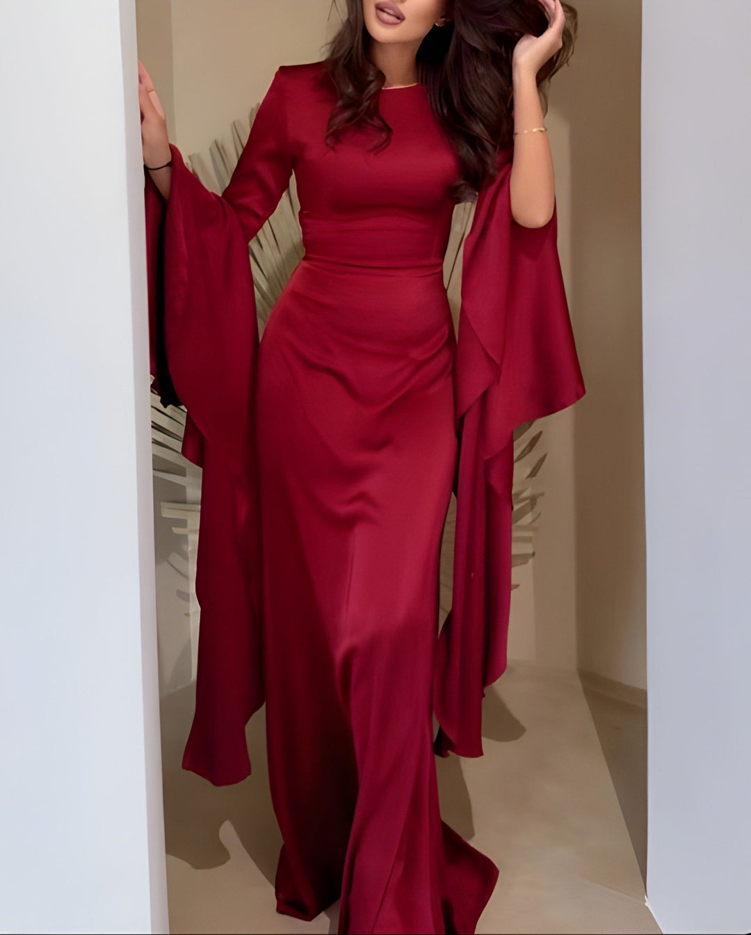 Women's Round Neckline Maxi Dress with Long Flared Sleeves and Glossy Surface