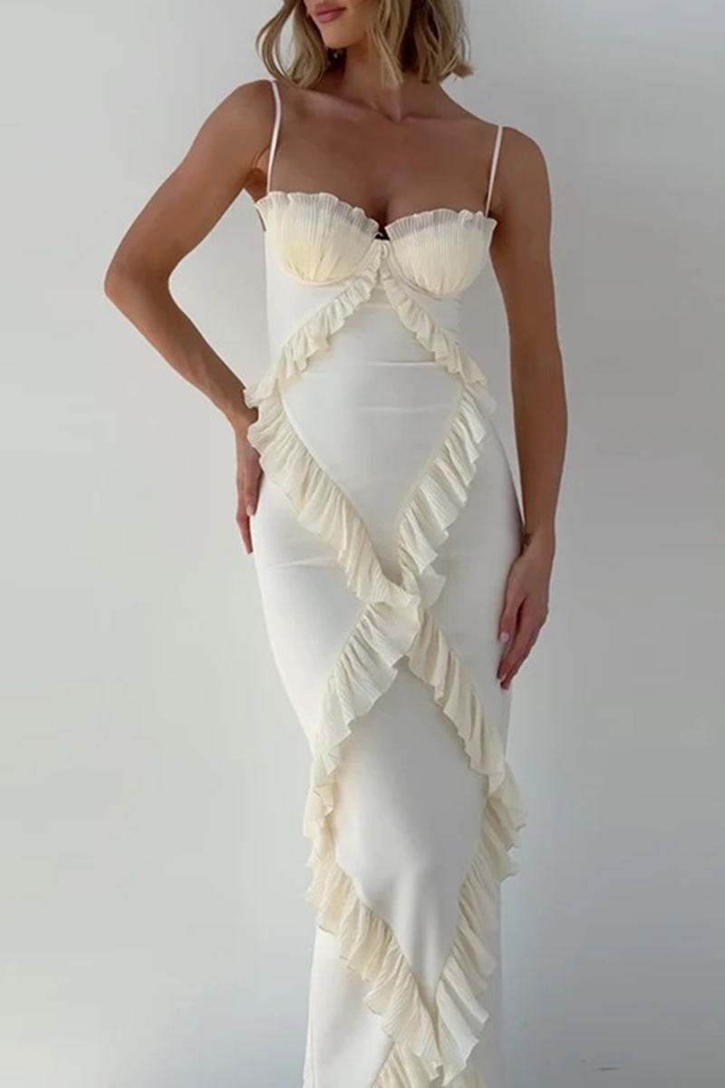 Women's Ruffle Trim Spaghetti Strap Maxi Dress with Side Slit