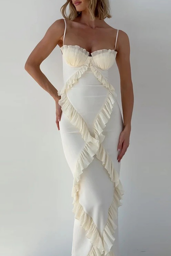 Women's Ruffle Trim Spaghetti Strap Maxi Dress with Side Slit