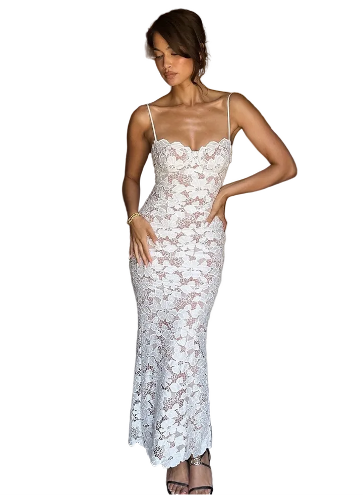 Women's Scalloped Neckline Spaghetti Strap Maxi Dress with All-Over Floral Lace Surface