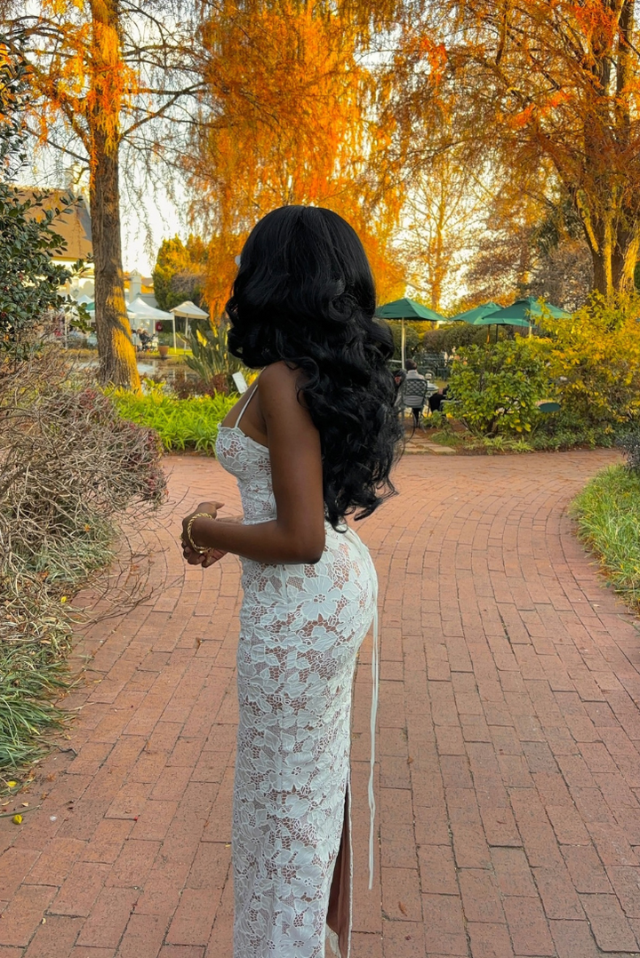 Women's Scalloped Neckline Spaghetti Strap Maxi Dress with All-Over Floral Lace Surface