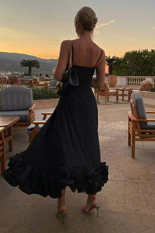 Women's Scoop Neckline Spaghetti Strap Maxi Dress with Ruffle Flounce Hem