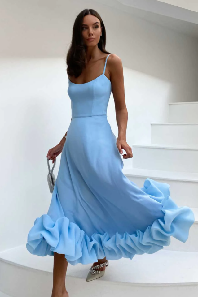Women's Scoop Neckline Spaghetti Strap Maxi Dress with Ruffle Flounce Hem