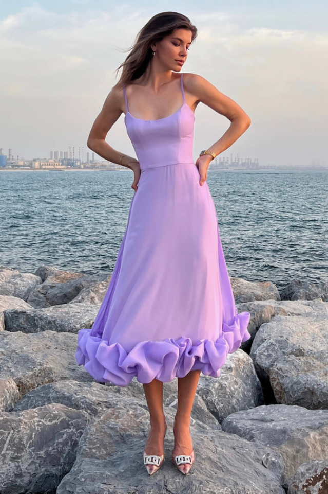 Women's Scoop Neckline Spaghetti Strap Maxi Dress with Ruffle Flounce Hem
