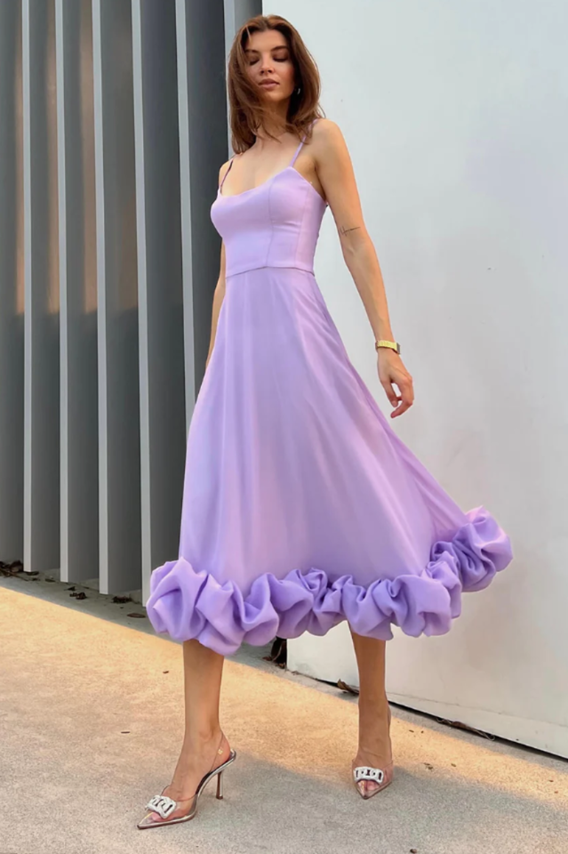 Women's Scoop Neckline Spaghetti Strap Maxi Dress with Ruffle Flounce Hem
