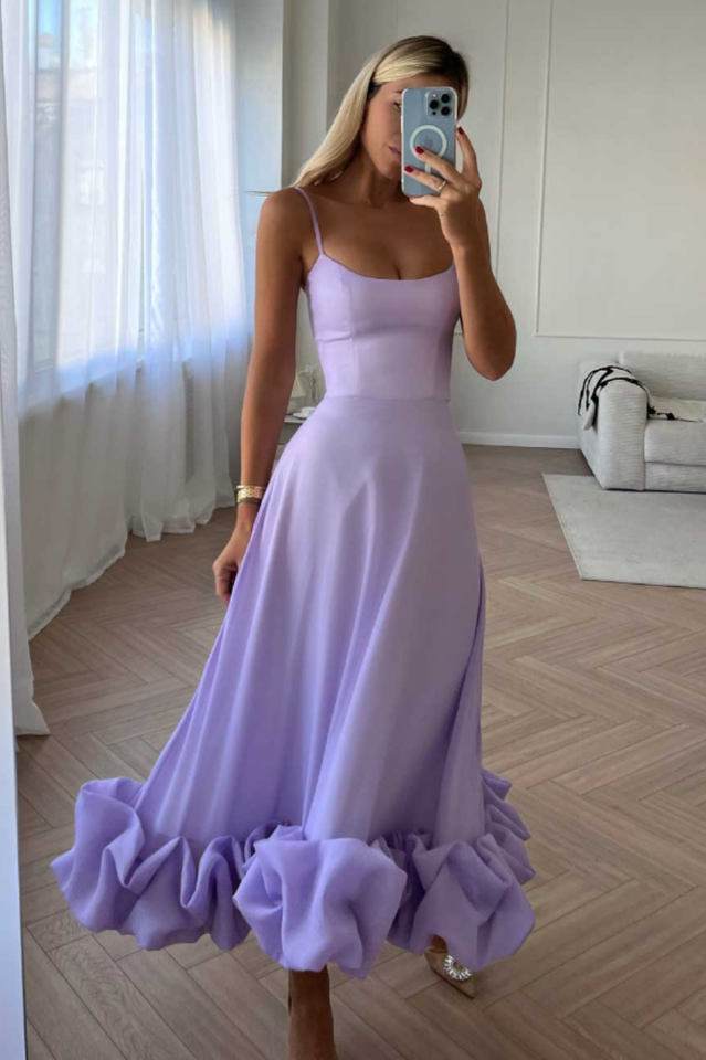 Women's Scoop Neckline Spaghetti Strap Maxi Dress with Ruffle Flounce Hem