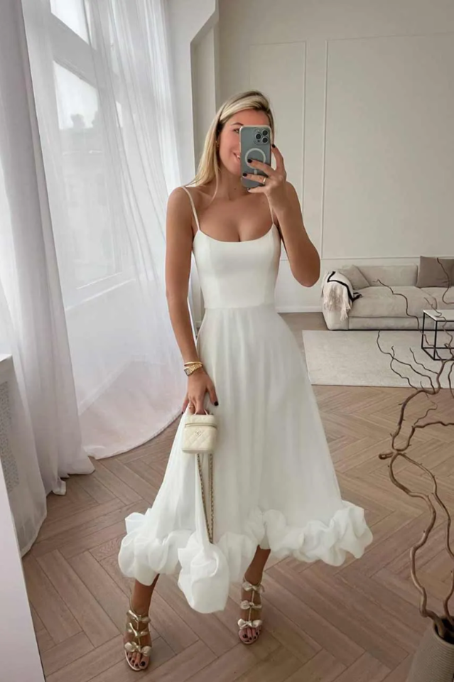 Women's Scoop Neckline Spaghetti Strap Maxi Dress with Ruffle Flounce Hem