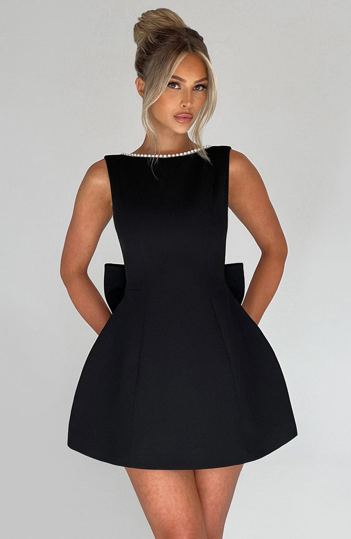 Women's Sleeveless Bead-Trimmed Mini Dress with Open Back and Oversized Bow