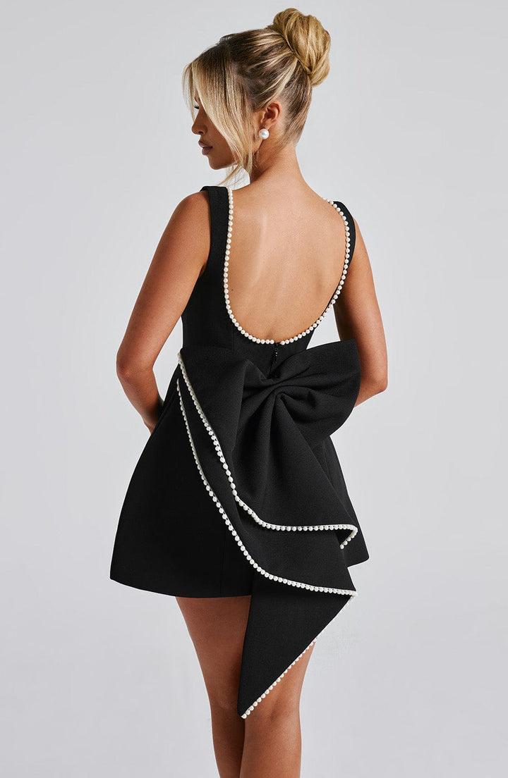 Women's Sleeveless Bead-Trimmed Mini Dress with Open Back and Oversized Bow
