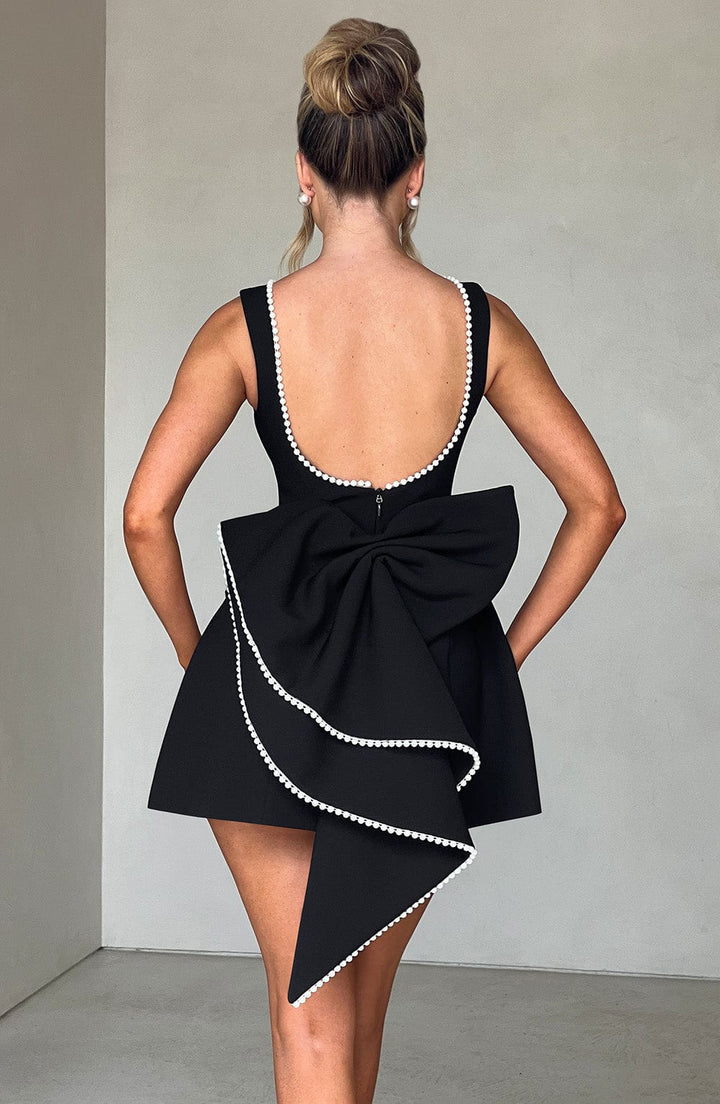 Women's Sleeveless Bead-Trimmed Mini Dress with Open Back and Oversized Bow