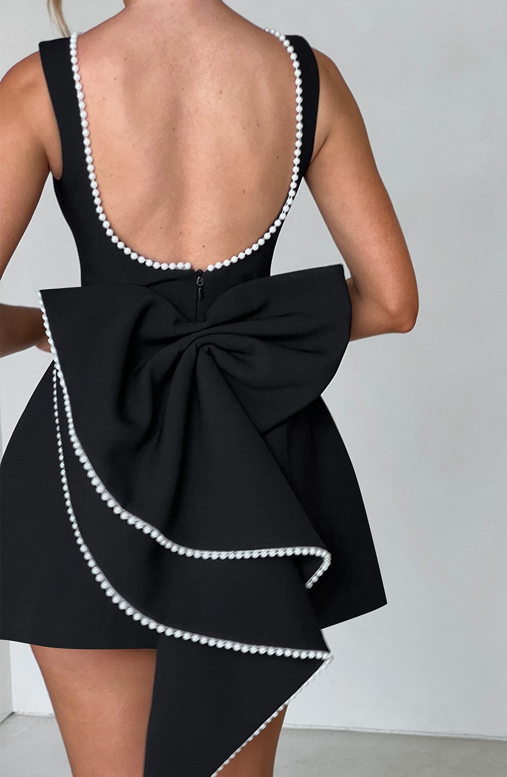 Women's Sleeveless Bead-Trimmed Mini Dress with Open Back and Oversized Bow
