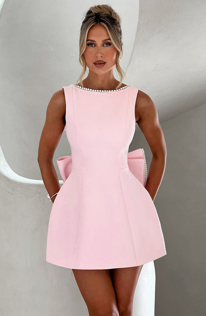 Women's Sleeveless Bead-Trimmed Mini Dress with Open Back and Oversized Bow