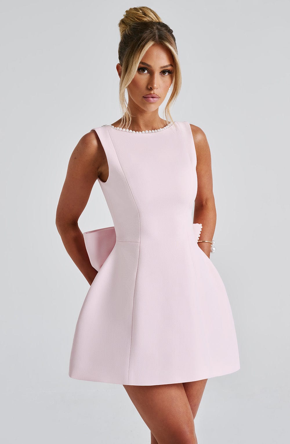 Women's Sleeveless Bead-Trimmed Mini Dress with Open Back and Oversized Bow