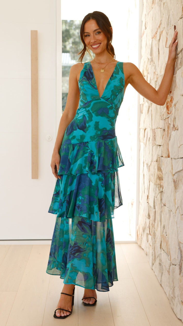 Women's Sleeveless Deep V-Neck Tiered Ruffle Maxi Dress with Printed Pattern