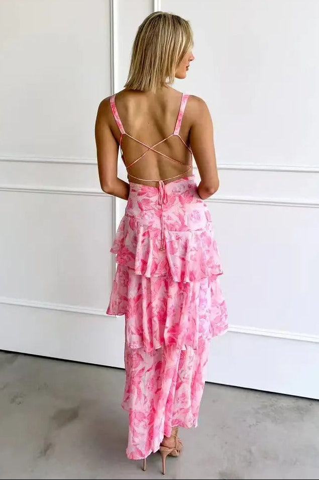 Women's Sleeveless Deep V-Neck Tiered Ruffle Maxi Dress with Printed Pattern