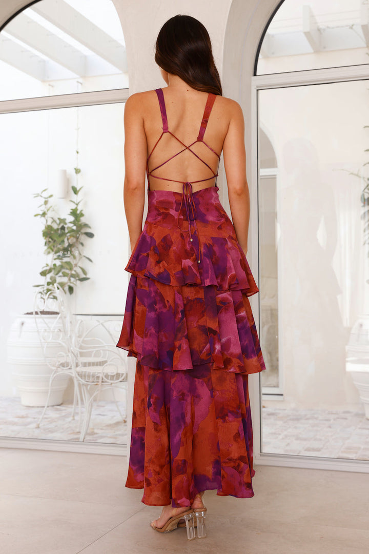 Women's Sleeveless Deep V-Neck Tiered Ruffle Maxi Dress with Printed Pattern