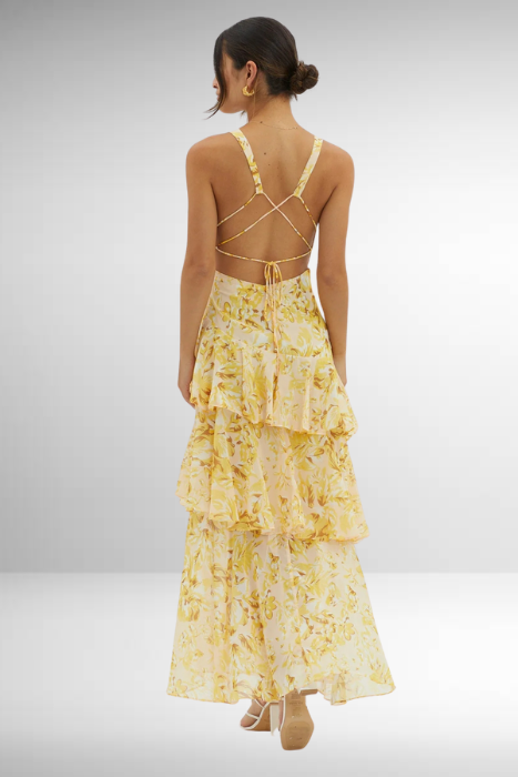 Women's Sleeveless Deep V-Neck Tiered Ruffle Maxi Dress with Printed Pattern