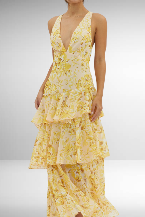 Women's Sleeveless Deep V-Neck Tiered Ruffle Maxi Dress with Printed Pattern