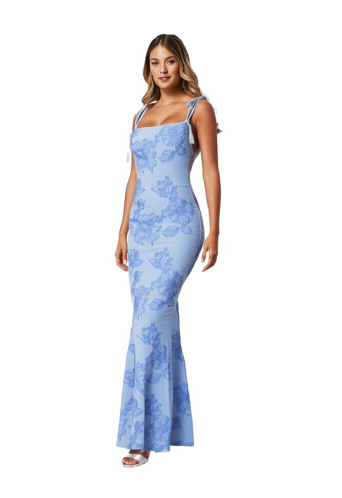 Women's Sleeveless Floral Applique Maxi Dress with Tie Straps and Scoop Neckline