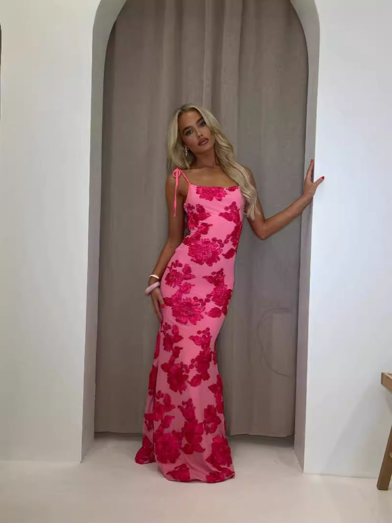 Women's Sleeveless Floral Applique Maxi Dress with Tie Straps and Scoop Neckline