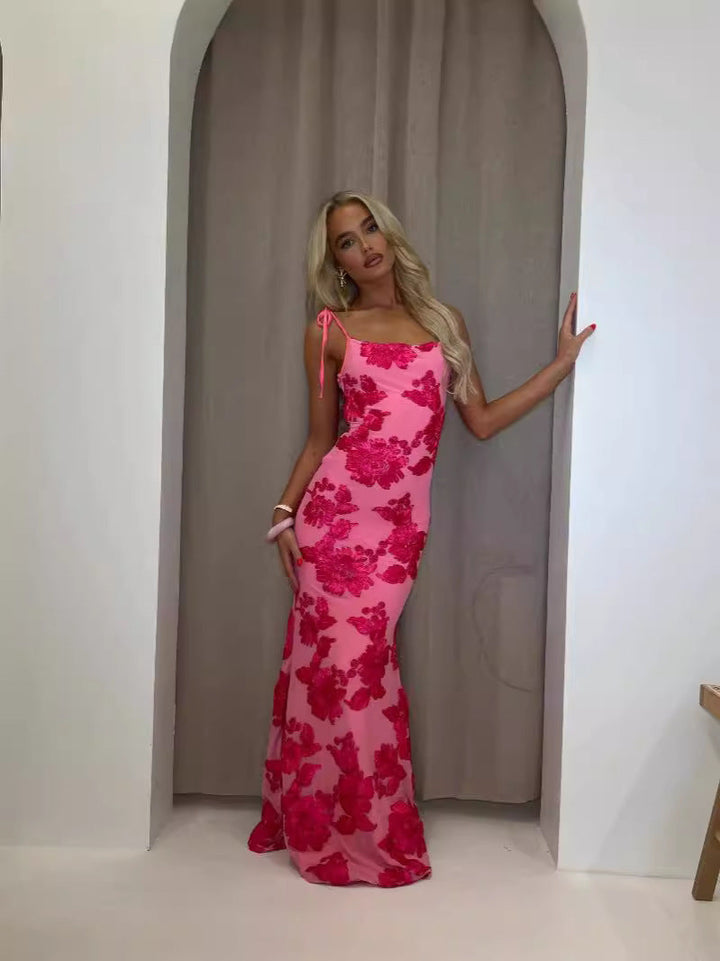 Women's Sleeveless Floral Applique Maxi Dress with Tie Straps and Scoop Neckline