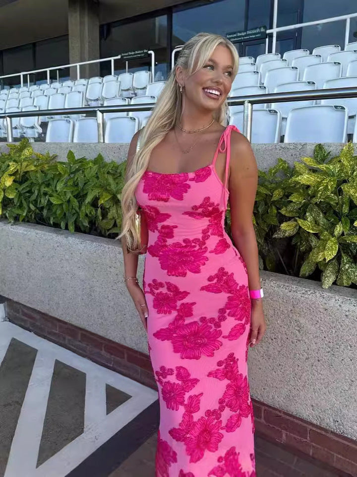 Women's Sleeveless Floral Applique Maxi Dress with Tie Straps and Scoop Neckline