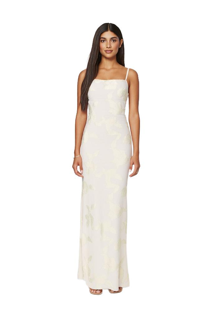 Women's Sleeveless Floral Applique Maxi Dress with Tie Straps and Scoop Neckline