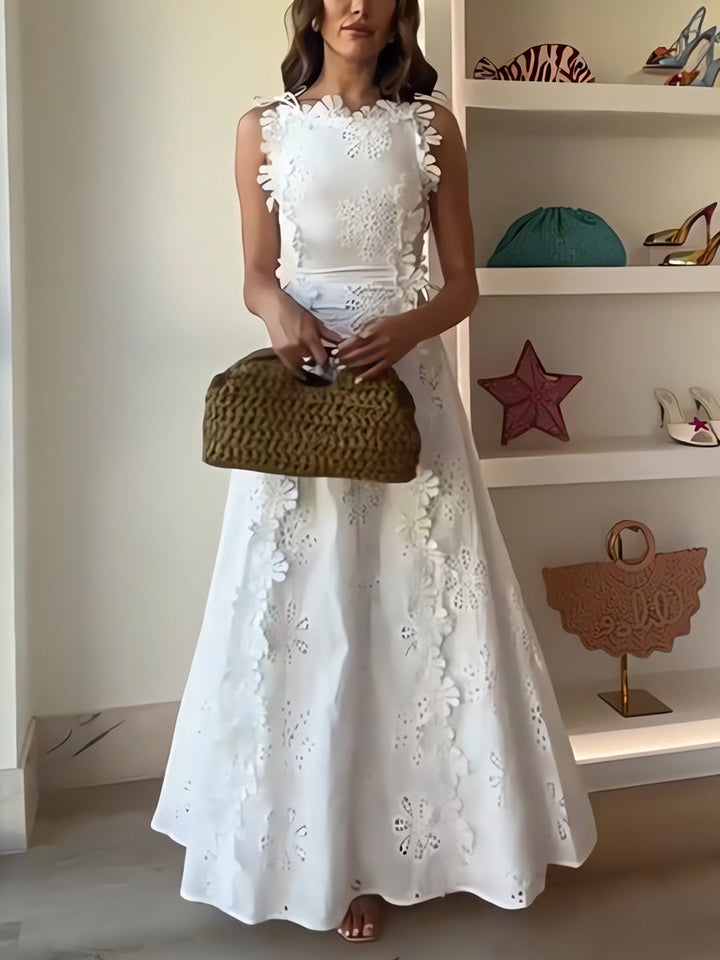 Women's Sleeveless Floral Lace Openwork Maxi Dress with Boat Neckline and Waist Tie