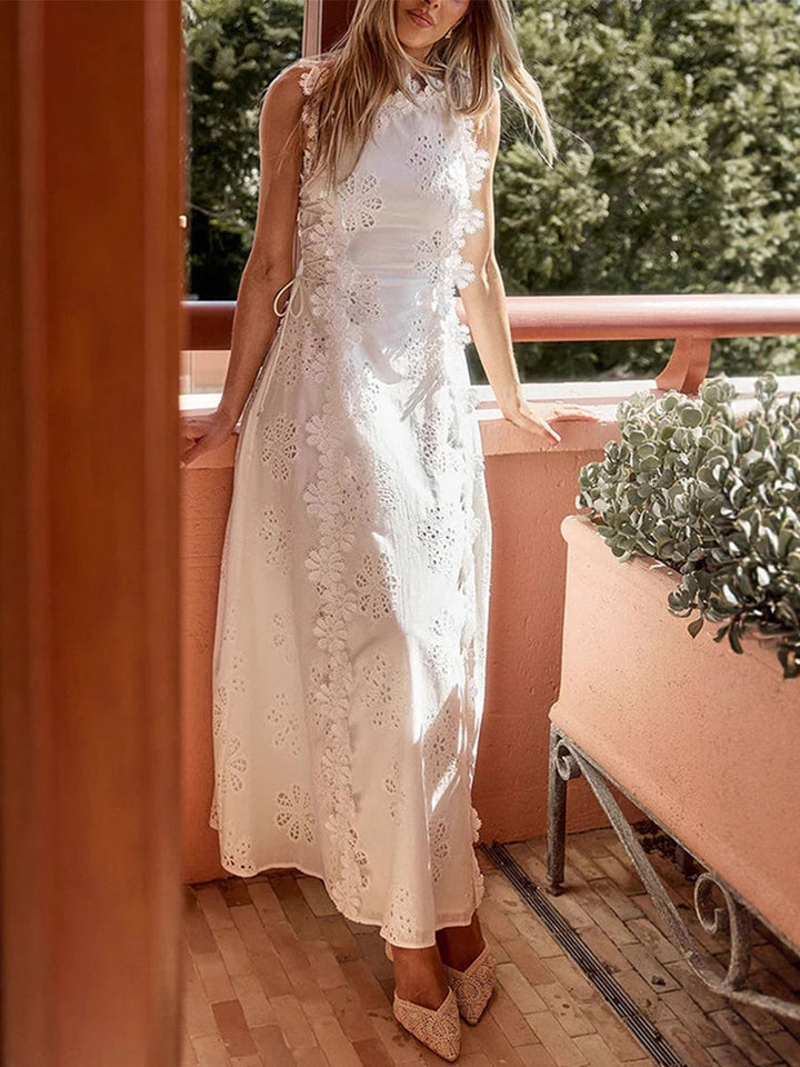 Women's Sleeveless Floral Lace Openwork Maxi Dress with Boat Neckline and Waist Tie