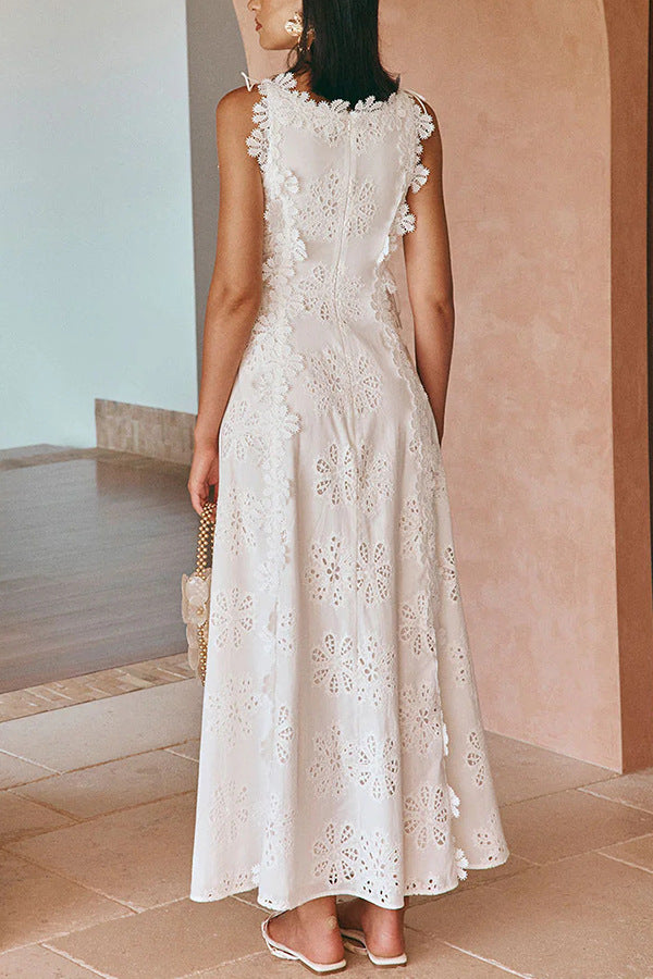 Women's Sleeveless Floral Lace Openwork Maxi Dress with Boat Neckline and Waist Tie