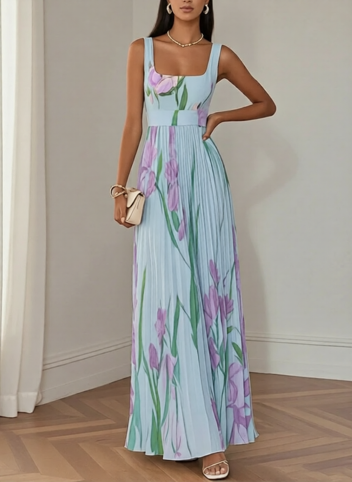 Women's Sleeveless Floral Print Pleated Maxi Dress with Square Neckline and Waist Band