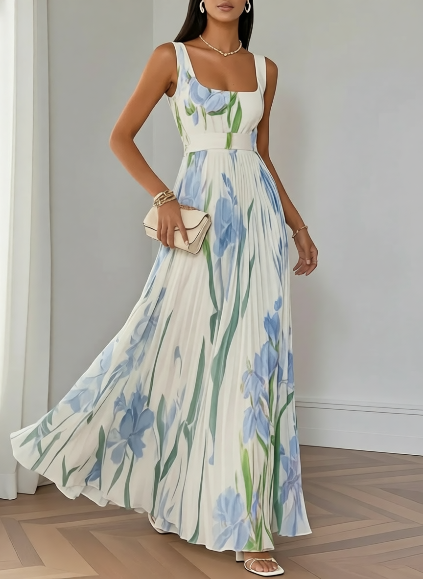 Women's Sleeveless Floral Print Pleated Maxi Dress with Square Neckline and Waist Band