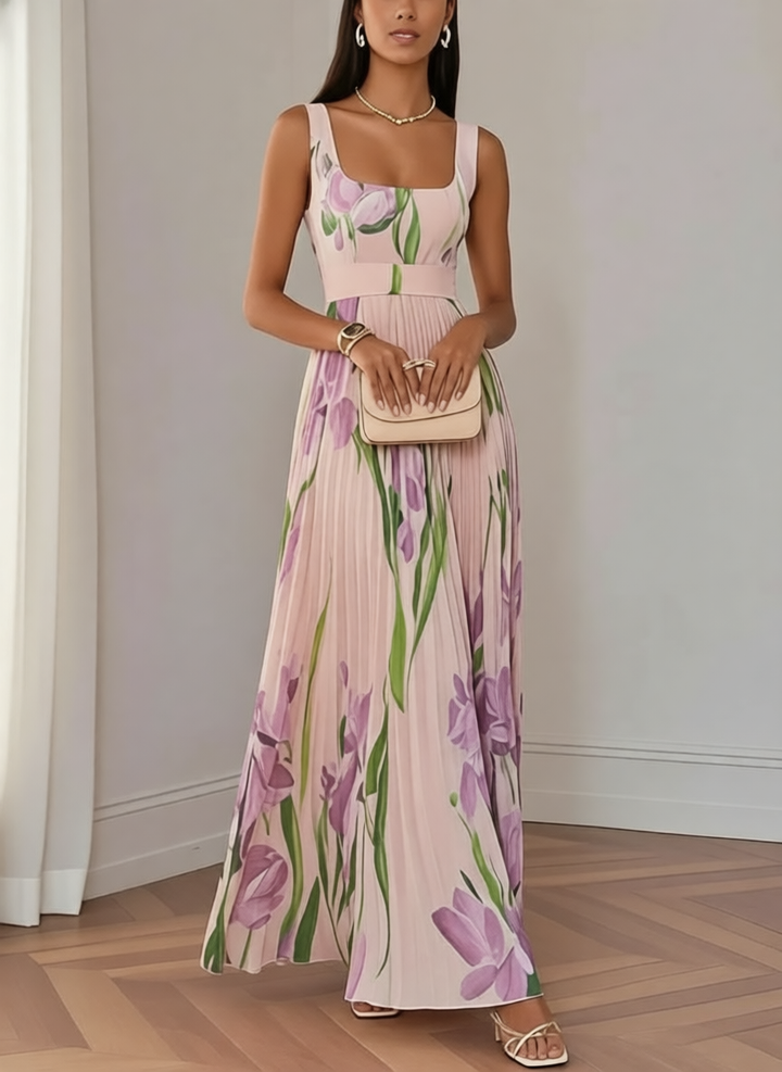Women's Sleeveless Floral Print Pleated Maxi Dress with Square Neckline and Waist Band