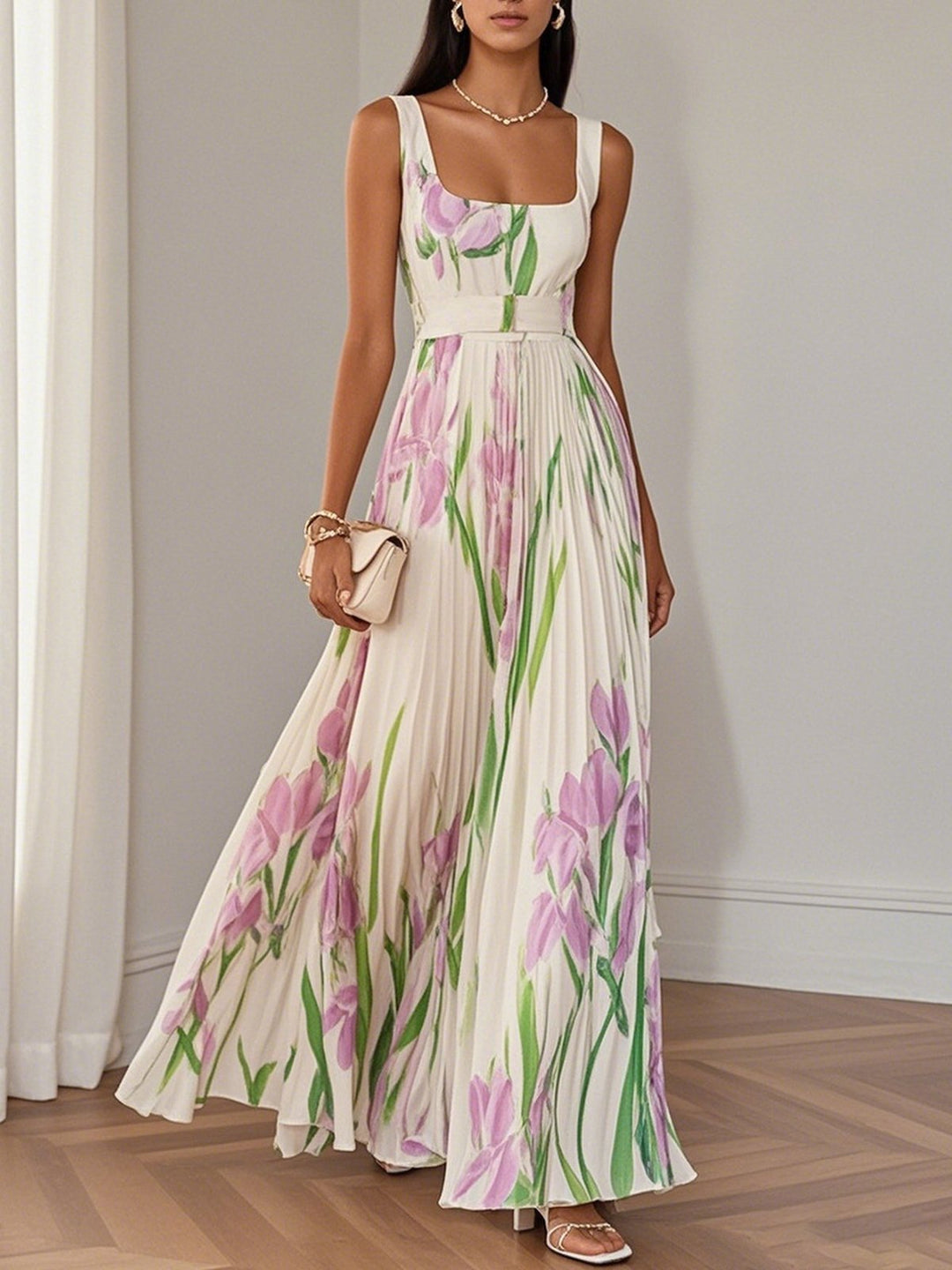 Women's Sleeveless Floral Print Pleated Maxi Dress with Square Neckline and Waist Band