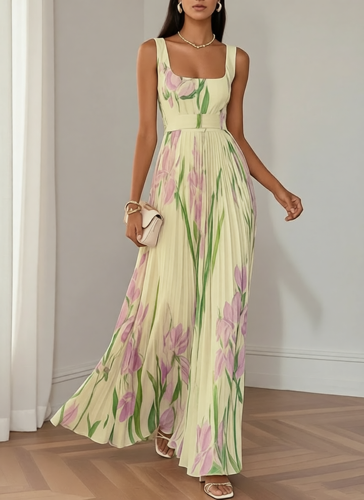 Women's Sleeveless Floral Print Pleated Maxi Dress with Square Neckline and Waist Band