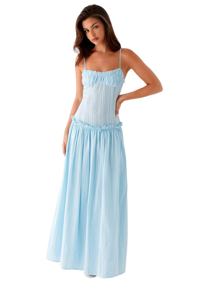 Women's Sleeveless Gathered Bust Maxi Dress with Spaghetti Straps and Ruffle Waist