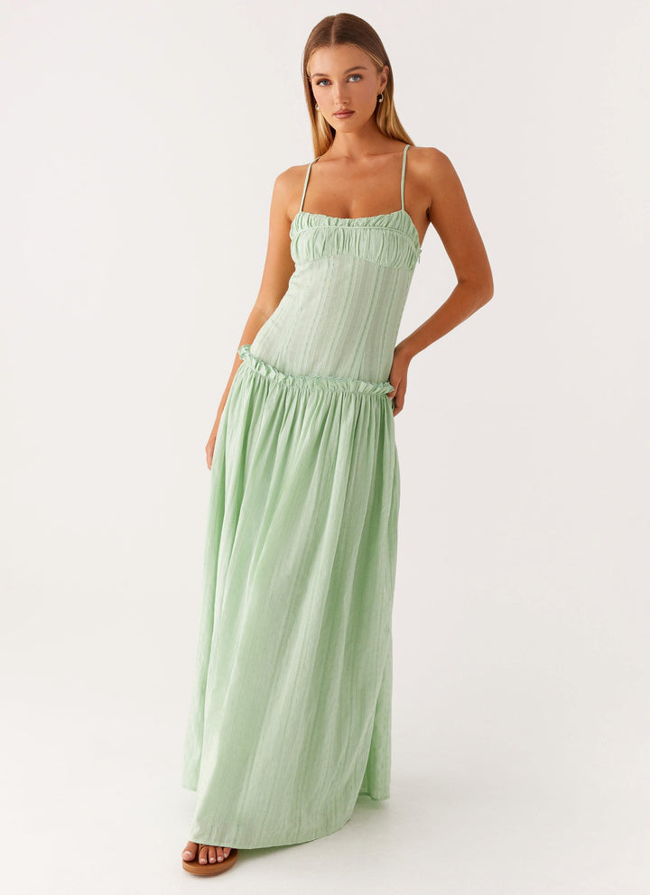 Women's Sleeveless Gathered Bust Maxi Dress with Spaghetti Straps and Ruffle Waist